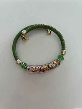 Green faux Leather Bracelet with Colorful Murano Glass Accent